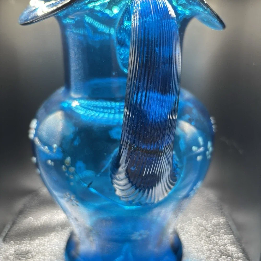 ANTIQUE VICTORIAN AQUA BLUE RUFFLED GLASS PITCHER w Enamel Floral Hand Painted**